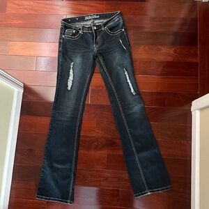 ViVi DIVA Juniors Low Rise Dark Distressed Boot Cut Flared Jeans Size 9 EUC